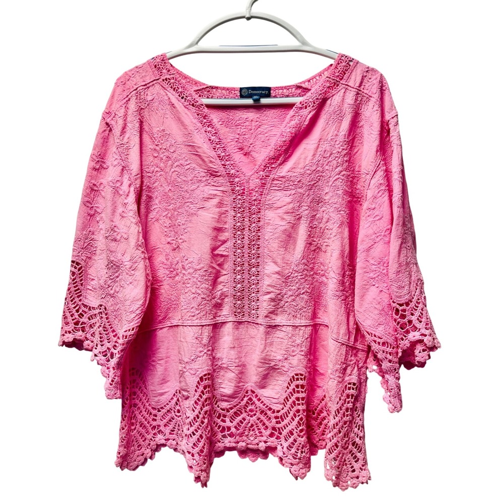 Democracy Blouse XL Pink Embroidered Crochet Lace Romantic Peasant Cottagecore